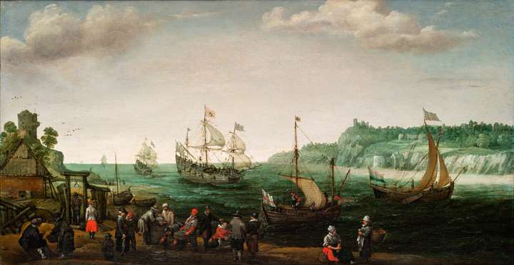 A Man o’war and other shipping in a river estuary, with fishermen bringing in the catch in the foreground.